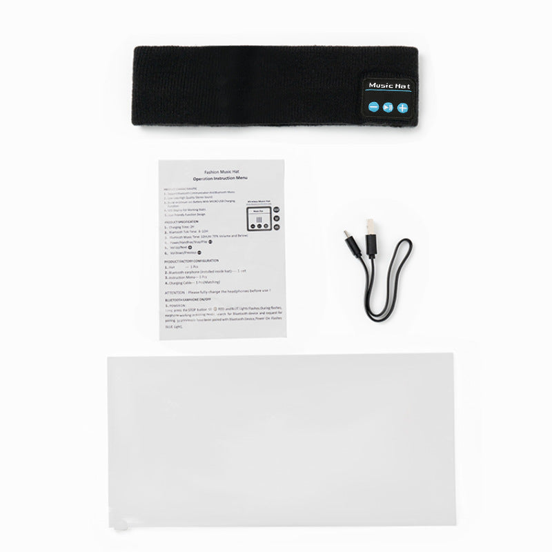 Bluetooth pannband med laddkabel och manual – komplett set redo att användas.