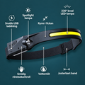 GlowArc-pannlampans funktioner: 230° bred LED-list, spotlight, rörelsesensor, USB-laddning och justerbart band