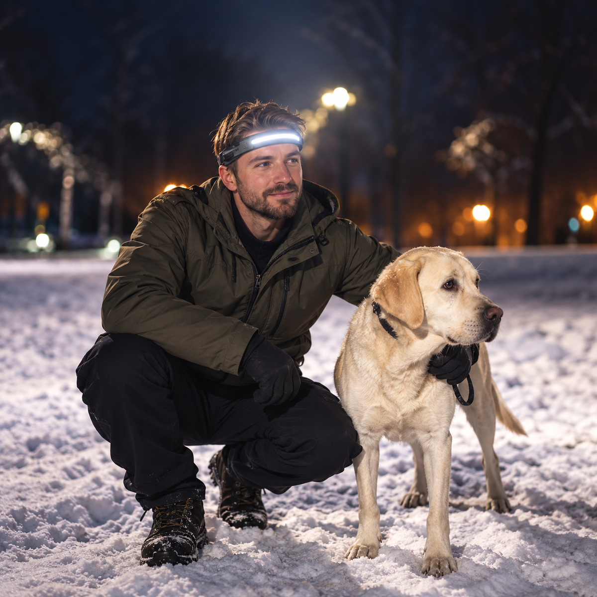 Man med tänd GlowArc-pannlampa på kvällspromenad med hund i snön
