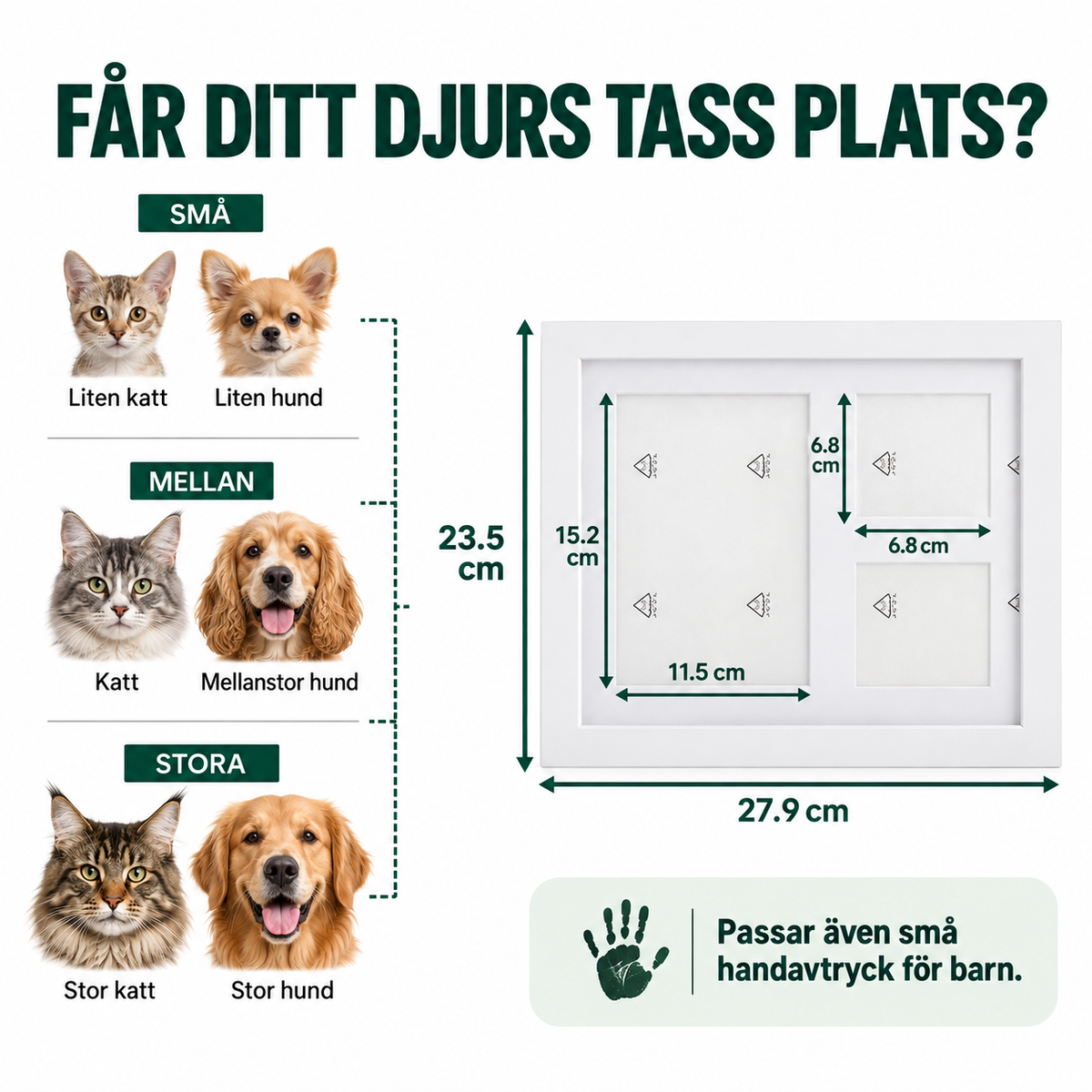 Mått för Minnesspår: ram 27,9 × 23,5 cm med plats för små, mellanstora och stora tassar