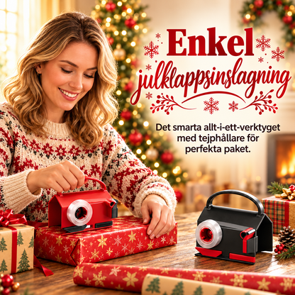 Kvinna slår in en julklapp med röd GlidSnitt, svart GlidSnitt bredvid