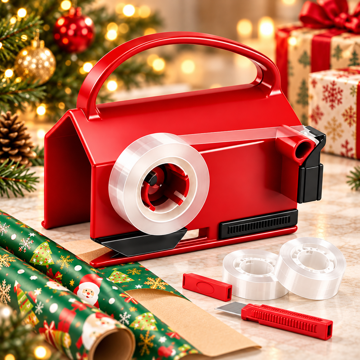 Röd GlidSnitt presentpappersskärare med tejphållare bredvid presentpapper och julklappar