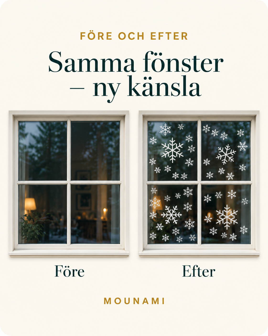Samma fönster före och efter med Vinterflingor