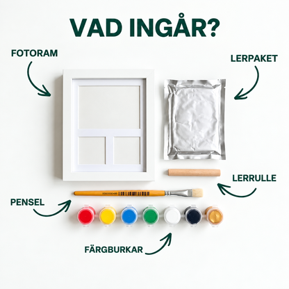 Innehåll i Minnesspår: fotoram, lerpaket, lerrulle, penslar och färgburkar
