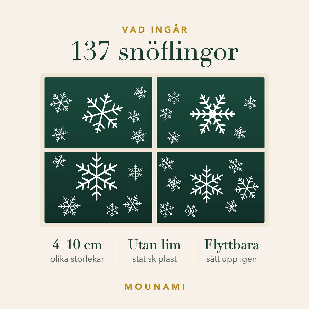 Vad ingår: 137 snöflingor i olika storlekar